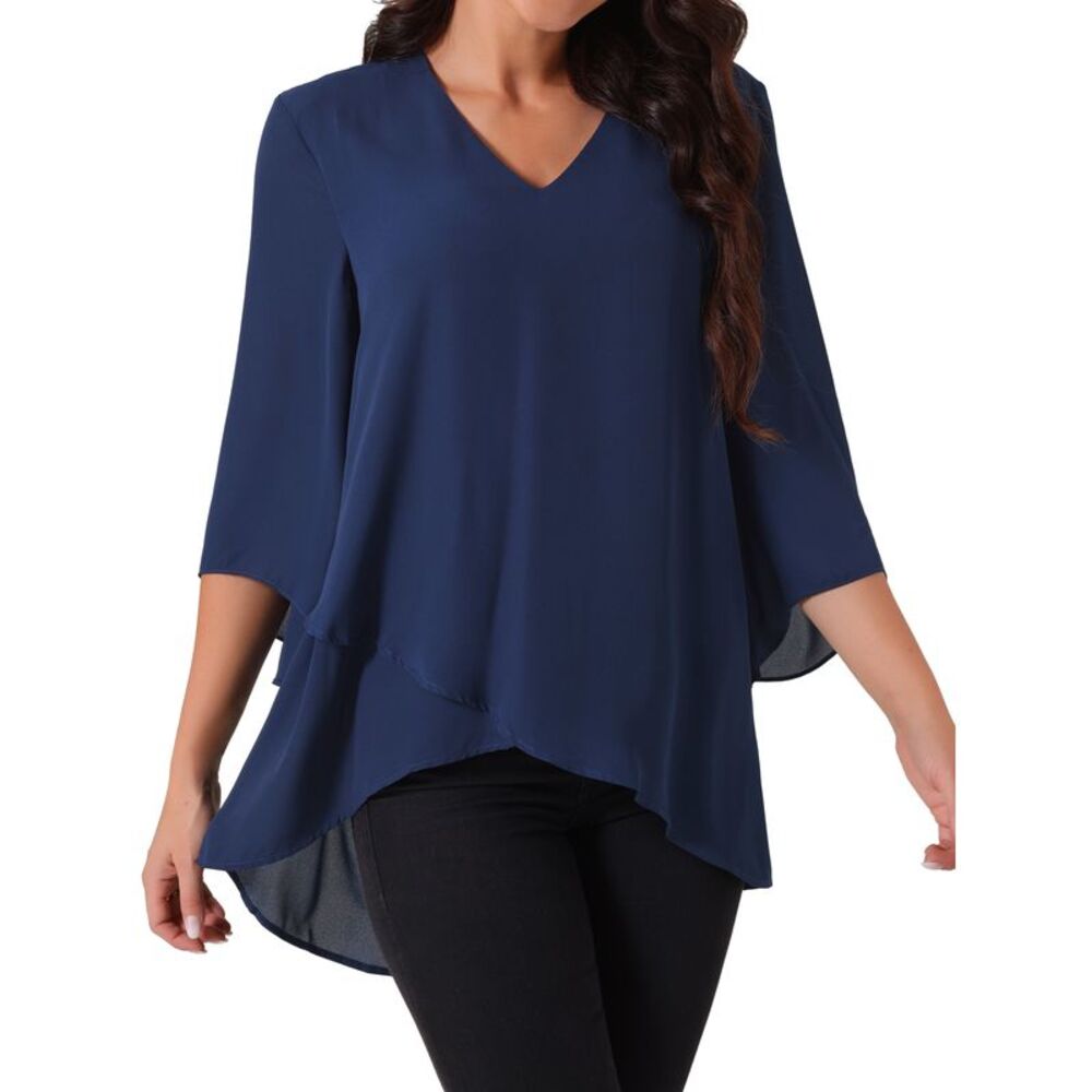 Casual Chiffon Blouse V Neck Asymmetrical Shirt High Low Tops Navy Blue